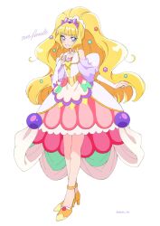 Rule 34 | 1girl, artist name, bare shoulders, blonde hair, blue eyes, character name, commentary request, cure finale, delicious party precure, dress, eyelashes, hair ornament, happy, high heels, highres, kasai amane, long hair, looking at viewer, magical girl, precure, puffy sleeves, shirako love, simple background, smile, solo, standing, twitter username, white background