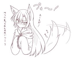 Rule 34 | 1girl, animal ears, bad id, bad twitter id, dress, frilled sleeves, frills, greyscale, imaizumi kagerou, kazawa (tonzura-d), long hair, md5 mismatch, monochrome, resized, sleeves past wrists, tail, tail wagging, tears, touhou, translation request, wide sleeves, wolf ears, wolf tail