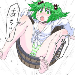 Rule 34 | 1girl, aono3, barefoot, blush, breasts, bucket, cleavage, collarbone, feet, green eyes, green hair, hair bobbles, hair ornament, hot, in bucket, in container, kisume, matching hair/eyes, no pants, open mouth, panties, solo, speech bubble, striped clothes, striped panties, touhou, two side up, underwear
