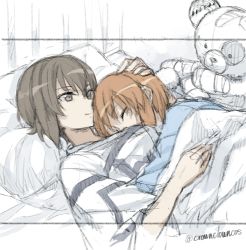 Rule 34 | 10s, 2girls, bandages, boko (girls und panzer), brown eyes, brown hair, cosmic (crownclowncosmic), girls und panzer, hand on another&#039;s head, highres, multiple girls, nishizumi maho, nishizumi miho, pillow, siblings, sisters, sketch, sleeping, smile, stuffed animal, stuffed toy, teddy bear, twitter username