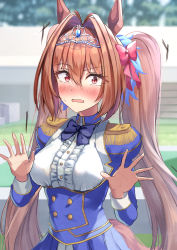 Rule 34 | 1girl, absurdres, animal ears, blue bow, blue jacket, blue skirt, blurry, blurry background, blush, bow, breasts, brown hair, center frills, daiwa scarlet (umamusume), day, depth of field, frills, hair between eyes, hair intakes, hands up, highres, horse ears, horse girl, horse tail, jacket, juliet sleeves, long hair, long sleeves, looking at viewer, medium breasts, nose blush, outdoors, parted lips, pleated skirt, puffy sleeves, red eyes, shaka (staito0515), shirt, skirt, solo, sweat, tail, tiara, twintails, umamusume, very long hair, wavy mouth, white shirt