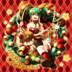 Rule 34 | 1girl, antlers, bare shoulders, bell, boots, braid, checkered background, christmas, fumi (butakotai), green eyes, green hair, hair ornament, hatsune miku, holly, holly hair ornament, horns, long hair, matching hair/eyes, merry christmas, one eye closed, pig 7, red nose, reindeer, reindeer antlers, riding, santa costume, solo, sparkle, striped, striped background, thighhighs, twin braids, twintails, very long hair, vocaloid, wink, wreath