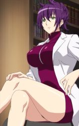 Rule 34 | 1girl, breasts, green eyes, highres, lab coat, large breasts, legs, crossed legs, long legs, miniskirt, oikawa urada, purple hair, screencap, seikon no qwaser, sitting, skirt, solo, stitched, thighs, third-party edit, zipper