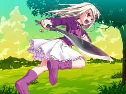 Rule 34 | 00s, 1girl, boots, ascot, fate/hollow ataraxia, fate/stay night, fate (series), frilled skirt, frills, game cg, hiroyama hiroshi, illyasviel von einzbern, charm (object), knife, kukri, long hair, open mouth, purple footwear, red eyes, skirt, solo, sword, weapon, white hair