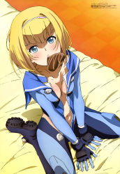Rule 34 | 10s, 1girl, absurdres, arm support, bed, blonde hair, blue eyes, blunt bangs, blush, bodysuit, breasts, candy, center opening, checkered floor, chocolate, chocolate heart, cleavage, dutch angle, food, food on face, from above, full body, gloves, groin, hairband, heart, heavy object, highres, hiyamizu yukie, indoors, looking at viewer, magazine scan, megami magazine, milinda brantini, mouth hold, navel, no bra, non-web source, official art, on bed, open clothes, sailor collar, scan, short hair, sitting, small breasts, solo, spread legs, v arms, valentine, wariza