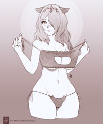 Rule 34 | 1girl, aurahack, breasts, camilla (fire emblem), cat cutout, cat ear panties, cat lingerie, cleavage, cleavage cutout, clothing cutout, cowboy shot, curvy, fire emblem, fire emblem fates, greyscale, groin, hair over one eye, hip focus, horned headwear, horns, large breasts, lips, long hair, looking at viewer, meme attire, monochrome, navel, nintendo, panties, side-tie panties, signature, smile, solo, thick thighs, thighs, tiara, underboob, underwear, undressing, watermark, web address, wide hips