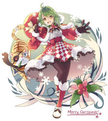 Rule 34 | 1girl, :d, adapted costume, bag, boots, capelet, cat, christmas, dress, english text, eyepatch, feiwing, fur trim, gloves, green hair, highres, holly, hood, looking at viewer, merry christmas, open mouth, pantyhose, paw print, ruko (tartaros), ruko (tartaros online), sack, santa costume, signature, skirt, smile, tartaros online, text focus, thighhighs, yellow eyes