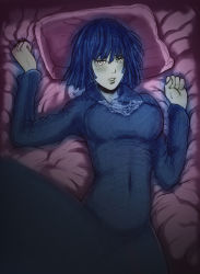 Rule 34 | 1girl, bad id, bad pixiv id, bed sheet, black hair, blush, breasts, covered navel, dress, female focus, fubuki (one-punch man), highres, jewelry, large breasts, lips, long sleeves, looking at viewer, lying, necklace, nose, on bed, one-punch man, pillow, short hair, solo, yellow eyes