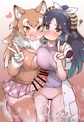 Rule 34 | 1futa, 1girl, :d, aftersex, animal ear fluff, animal ears, asymmetrical docking, bar censor, black hair, blush, breast press, breasts, brown hair, censored, commentary request, cum, cum in pussy, cumdrip, empty eyes, erection, fang, fur collar, futa with female, futanari, gloves, gradient hair, green eyes, green hair, hair ribbon, heart, highres, japanese wolf (kemono friends), kako (kemono friends), kemono friends, lab coat, large breasts, long hair, long sleeves, looking at viewer, multicolored hair, open mouth, orange eyes, penis, plaid, pussy, ribbon, short sleeves, skindentation, skirt, smile, squiggle, sweat, tail, tanaka kusao, thighhighs, two-tone hair, v, veins, veiny penis, white hair, wolf ears, wolf girl, wolf tail