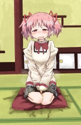 Rule 34 | 1girl, between legs, black skirt, blush, bow, bowtie, breasts, cushion, embarrassed, female focus, full body, hair ribbon, half-closed eyes, hand between legs, have to pee, highres, indoors, jpeg artifacts, juliet sleeves, kaname madoka, kneeling, long sleeves, mahou shoujo madoka magica, miniskirt, nose blush, open mouth, own hands together, peeing, peeing self, pink hair, plaid, plaid skirt, pleated skirt, ponnu (tnpn2yw), puffy sleeves, red bow, red bowtie, red eyes, ribbon, school uniform, seiza, shirt, short hair, sitting, skirt, small breasts, solo, steam, sweat, tears, twintails, v arms, wavy mouth, wet, wet clothes, yellow shirt