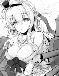 Rule 34 | 10s, 1girl, ai takurou, braid, breasts, cannon, cleavage, crown, dress, english text, engrish text, french braid, greyscale, hairband, jewelry, kantai collection, long hair, looking at viewer, machinery, medium breasts, mini crown, monochrome, necklace, off-shoulder dress, off shoulder, parted lips, ranguage, ribbon, smile, solo, throne, warspite (kancolle)