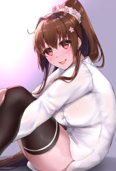 Rule 34 | 1girl, absurdres, alternate costume, ayuko91, blush, breasts, brown eyes, brown hair, cherry blossoms, flower, gradient background, hair flower, hair ornament, headgear, highres, kantai collection, large breasts, long hair, long sleeves, looking at viewer, open mouth, ponytail, shirt, single thighhigh, smile, solo, thighhighs, very long hair, white shirt, yamato (kancolle)