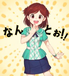 Rule 34 | 10s, 1girl, aoba misaki, black skirt, blush, brown eyes, brown hair, idolmaster, idolmaster million live!, idolmaster million live! theater days, kamille (vcx68), looking at viewer, open mouth, short hair, skirt, smile, solo, teeth, translation request, two side up