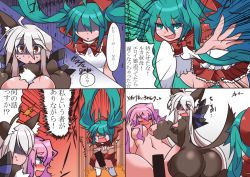 Rule 34 | 3girls, ahoge, animal costume, bar censor, big bad wolf, big bad wolf (cosplay), blush, censored, chestnut mouth, closed eyes, cosplay, fang, floating hair, futa with female, futanari, green eyes, green hair, hair ribbon, hatsune miku, little red riding hood, little red riding hood (grimm), little red riding hood (grimm) (cosplay), long hair, megurine luka, multiple girls, niwakaame (amayadori), nude, open mouth, pink hair, ponytail, red eyes, ribbon, shaded face, skirt, sweat, translation request, twintails, very long hair, vocaloid, walk-in, wavy mouth, white hair, wolf costume, yowane haku
