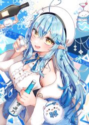 Rule 34 | 1girl, ahoge, alcohol, beret, blue coat, blue hair, blue nails, blue ribbon, blue skirt, bottle, braid, breasts, center frills, choko (cup), cleavage cutout, clothing cutout, coat, cocktail glass, colored tips, crossed bangs, cup, daifuku (yukihana lamy), double-parted bangs, drinking glass, elf, flower, frilled shirt, frilled skirt, frills, from above, fur-trimmed coat, fur trim, hair between eyes, hair flower, hair ornament, half updo, hat, heart, heart ahoge, highres, hololive, knees out of frame, kuwaefuru, large breasts, long hair, looking at viewer, looking up, mascot, miniskirt, multicolored hair, neck ribbon, off shoulder, open mouth, plaid, plaid ribbon, pleated skirt, pointy ears, ribbon, sake bottle, shirt, skirt, sleeveless, sleeveless shirt, snowflake hair ornament, snowflake print, solo, standing, streaked hair, very long hair, virtual youtuber, white hat, white shirt, yamenaa (momosuzu nene), yellow eyes, yukihana lamy, yukihana lamy (1st costume), yukimin (yukihana lamy)
