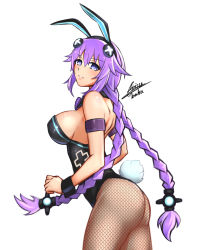 Rule 34 | 1girl, absurdres, airisubaka, animal ears, artist name, ass, blue eyes, blush, braid, breasts, choujigen game neptune, cleavage, commentary, cowboy shot, fake animal ears, highres, large breasts, leotard, long hair, looking at viewer, looking to the side, neptune (neptunia), neptune (series), pantyhose, playboy bunny, power symbol, power symbol-shaped pupils, purple hair, purple heart (neptunia), rabbit ears, rabbit tail, simple background, solo, symbol-shaped pupils, tail, thighs, twin braids, white background