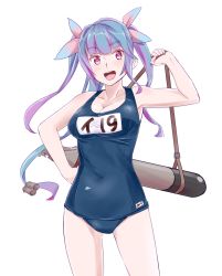 Rule 34 | 10s, 1girl, :d, bad id, bad twitter id, blue hair, breasts, cleavage, hair ribbon, i-19 (kancolle), kantai collection, long hair, medium breasts, ojipon, old school swimsuit, one-piece swimsuit, open mouth, red eyes, ribbon, school swimsuit, smile, solo, swimsuit, torpedo, twintails