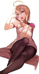 Rule 34 | 1girl, ahoge, akieda, arm support, armlet, artoria pendragon (fate), black pantyhose, blonde hair, braid, breasts, dress, fate/stay night, fate (series), food, full body, gold trim, highres, holding, holding food, long hair, looking at viewer, mysterious heroine x alter (fate), mysterious heroine x alter (princess of red bean paste) (fate), open mouth, pantyhose, sidelocks, simple background, sitting, small breasts, solo, strapless, strapless dress, white background, white dress, yellow eyes