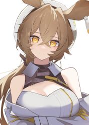 Rule 34 | 1girl, absurdres, animal ears, arknights, beret, breasts, bright pupils, brown hair, crossed arms, dorothy (arknights), gloves, hat, highres, large breasts, long hair, low ponytail, white background, white pupils, worimehl, yellow eyes, yellow gloves