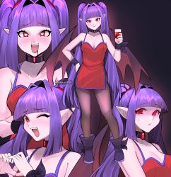 Rule 34 | 1girl, absurdres, black pantyhose, blunt bangs, blush, breasts, cleavage, closed mouth, cup, drinking glass, fangs, hair intakes, heart, heart-shaped pupils, highres, holding, holding cup, kumaartsu, long hair, looking at viewer, medium breasts, multiple views, one eye closed, open mouth, original, pantyhose, pointy ears, purple hair, purple lips, red eyes, smile, symbol-shaped pupils, teeth, twintails, upper teeth only, vampire, wine glass