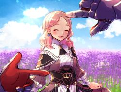 Rule 34 | 1girl, 1other, armor, blonde hair, blush, breasts, closed mouth, earrings, closed eyes, fire emblem, fire emblem: three houses, fire emblem warriors: three hopes, gloves, gogatsu (yeaholiday), jewelry, large breasts, long hair, long sleeves, looking at viewer, mercedes von martritz, nintendo, open mouth, shez (fire emblem), smile