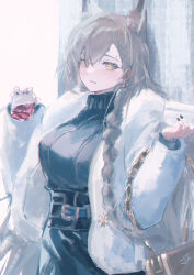 Rule 34 | 1girl, absurdres, animal ears, arknights, black dress, braid, brown hair, clothing request, cup, dress, drinking glass, extra ears, highres, holding, holding cup, jacket, lolifreak, long hair, long sleeves, looking at viewer, official alternate costume, open clothes, open jacket, penance (arknights), penance (occasionally flushed) (arknights), solo, turtleneck, turtleneck dress, upper body, white jacket, wolf ears, wolf girl, yellow eyes