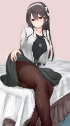 Rule 34 | 10s, 1girl, absurdres, alternate costume, ame-rain, arm support, bed, black hair, black pantyhose, black shirt, black skirt, blush, breasts, brown eyes, clothes lift, dress, embarrassed, hair between eyes, haruna (kancolle), highres, jewelry, kantai collection, lifted by self, lips, long hair, looking at viewer, medium breasts, pantyhose, pendant, shiny clothes, shirt, sitting, skirt, skirt lift