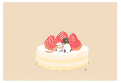 Rule 34 | animal, beige background, bird, border, cake, chai (drawingchisanne), commentary request, food, food focus, fruit, hat, highres, looking at viewer, no humans, original, penguin, scarf, simple background, sitting on food, strawberry, strawberry shortcake, tart (food)