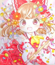 Rule 34 | 1girl, bow, brown eyes, brown hair, cowboy shot, detached sleeves, flower, frilled bow, frilled hair tubes, frilled skirt, frills, gohei, hair bow, hair tubes, hakurei reimu, happy, heart, heart-shaped pupils, highres, holding, holding gohei, looking at viewer, marker (medium), naruki, open mouth, orange flower, purple ribbon, red bow, red ribbon, red shirt, red skirt, ribbon, ribbon-trimmed sleeves, ribbon trim, shirt, simple background, skirt, sleeveless, sleeveless shirt, solo, symbol-shaped pupils, teeth, touhou, traditional media, upper teeth only, white flower, yellow petals