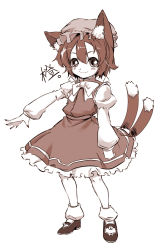 Rule 34 | 1girl, :3, animal ears, bad id, bad pixiv id, brown hair, cat ears, cat girl, cat tail, chen, earrings, female focus, hat, im (badmasa), jewelry, looking at viewer, monochrome, multiple tails, outstretched arm, short hair, smile, solo, standing, tail, touhou