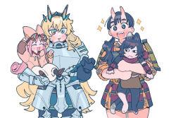 Rule 34 | 4girls, :&lt;, :d, ^ ^, animal ears, aqua eyes, armor, baggy pants, barghest (fate), black eyes, black fur, black gloves, black hair, black pants, blonde hair, blunt bangs, blush, bracer, breastplate, button eyes, buttons, cat ears, cat girl, cat tail, chipped tooth, closed eyes, commentary, crossover, dungeon meshi, english commentary, epaulettes, fate/grand order, fate (series), faulds, gloves, gorget, habetrot (fate), hair between eyes, half-closed eyes, hat, heterochromia, hood, hooded jacket, horns, inutade, izutsumi, jacket, japanese armor, japanese clothes, kimono, knee pads, kusazuri, lifting person, loincloth, long hair, mole, mole under eye, multiple girls, oneroom-disco, oni, open mouth, pants, pauldrons, pink hair, pink hat, pink jacket, plate armor, pointy ears, pointy footwear, red eyes, red scarf, scarf, short hair, short kimono, shoulder armor, skin-covered horns, smile, sparkle, sweatdrop, tail, tall female, twintails, upper body, vambraces, very long hair, wavy hair, white background, white pants, wide sleeves, yellow kimono