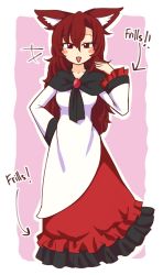 Rule 34 | 1girl, :d, animal ear fluff, animal ears, arrow (symbol), blush stickers, border, breasts, brooch, brown hair, commentary, dress, english commentary, frilled sleeves, frills, full body, hair between eyes, hands up, imaizumi kagerou, jewelry, long hair, long sleeves, looking at viewer, medium breasts, one-hour drawing challenge, open mouth, outline, outside border, petticoat, pink background, red eyes, simple background, smile, solo, standing, touhou, touhou cannonball, very long hair, white border, white dress, white outline, wide sleeves, wolf ears, wool (miwol)