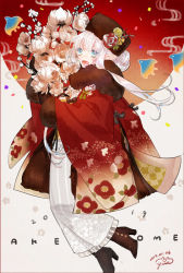 Rule 34 | 1girl, 2019, akeome, bad id, bad pixiv id, black bow, black footwear, black hat, blue eyes, boots, bouquet, bow, commentary request, confetti, dated, floral print, flower, fur-trimmed kimono, fur collar, fur hat, fur trim, hair bun, hanten (clothes), happy new year, hat, hat flower, high heel boots, high heels, japanese clothes, jewelry, kimono, long hair, necklace, new year, obi, open mouth, original, pearl necklace, red flower, sash, sidelocks, signature, single hair bun, solo, white flower, white hair, white kimono, wide sleeves, yellow flower, yua (tick-tack)