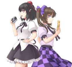 Rule 34 | &gt;:(, 2girls, :d, back-to-back, black hair, black necktie, black ribbon, black skirt, brown hair, camera, cellphone, commentary request, cowboy shot, from side, frown, hand on own hip, hat, himekaidou hatate, isaki (gomi), long hair, looking at another, multiple girls, neck ribbon, necktie, open mouth, petticoat, phone, plaid, plaid skirt, pointy ears, profile, puffy short sleeves, puffy sleeves, purple eyes, red eyes, ribbon, shameimaru aya, shirt, short sleeves, skirt, smile, tokin hat, touhou, twintails, v-shaped eyebrows, white shirt
