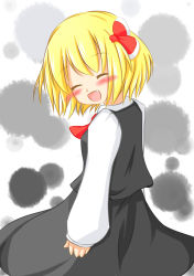 Rule 34 | 1girl, ^ ^, a-rusu, absurdres, ascot, blonde hair, blush, closed eyes, embodiment of scarlet devil, closed eyes, fang, female focus, hair ribbon, highres, open mouth, ribbon, rumia, short hair, skirt, smile, solo, touhou, white background