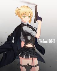 Rule 34 | 1girl, arm at side, belt, black gloves, black jacket, black skirt, black vest, bolt action, braid, character name, closed mouth, corset, cowboy shot, french braid, from side, girls&#039; frontline, gloves, gradient background, grey background, grey shirt, gun, half gloves, handgun, highres, holding, holding gun, holding weapon, holster, index finger raised, integral suppressor, integrally-suppressed firearm, jacket, looking at viewer, looking to the side, manual firearm, narynn, open clothes, open jacket, pinstripe pattern, pinstripe vest, serious, shirt, short ponytail, short sleeves, skirt, smoke, solo, standing, striped clothes, striped skirt, suppressor, thigh holster, thigh strap, thighs, trigger discipline, tsurime, v-shaped eyebrows, vertical-striped clothes, vertical-striped skirt, vest, weapon, welrod, welrod mk ii, welrod mkii (girls&#039; frontline)