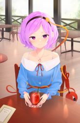 Rule 34 | 1girl, absurdres, adapted costume, black hairband, blouse, blue shirt, bra strap, chair, cup, day, drinking glass, glass, hairband, heart, highres, indoors, jewelry, kanpa (campagne 9), komeiji satori, long sleeves, looking at viewer, menu, nail polish, necklace, off-shoulder shirt, off shoulder, pink eyes, pink hair, red nails, restaurant, shirt, short hair, sitting, smile, solo, table, thighhighs, touhou, upper body