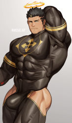 Rule 34 | 1boy, absurdres, arm behind head, artist name, bara, black bodysuit, black hair, bodysuit, bulge, closed mouth, covered abs, covered erect nipples, covered navel, facial hair, fire, flaming halo, grey background, halo, highres, large bulge, large pectorals, male focus, muscular, muscular male, pectorals, ruisselait, short hair, simple background, solo, spiked hair, thick thighs, thighs, tokyo houkago summoners, yellow eyes, zabaniyya (housamo)