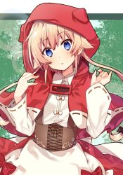 Rule 34 | 1girl, :o, animal hood, apron, bad id, bad pixiv id, black bow, blonde hair, blue eyes, blush, bow, capelet, commentary request, corset, fingernails, hair between eyes, hair bow, hands up, head tilt, hood, hood up, hooded capelet, little red riding hood, little red riding hood (grimm), long hair, long sleeves, looking at viewer, omuretsu, parted lips, red capelet, red skirt, ribbon-trimmed capelet, ribbon-trimmed sleeves, ribbon trim, shirt, skirt, solo, very long hair, waist apron, white apron, white shirt
