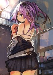 Rule 34 | 1girl, absurdres, back, back focus, black skirt, blush, female focus, from behind, hagikaze (kancolle), highres, kaamin (mariarose753), kantai collection, looking back, off shoulder, one side up, pleated skirt, purple hair, skirt, solo, undressing