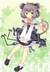 Rule 34 | 1girl, :o, ahoge, animal, animal ears, aogiri sei, basket, black skirt, bloomers, blush, bobby socks, bow, brown eyes, capelet, character name, crystal, dowsing rod, full body, green background, grey hair, hair bow, holding, jewelry, loafers, long sleeves, looking at viewer, mouse (animal), mouse ears, mouse tail, nazrin, neck ribbon, open mouth, orange ribbon, pendant, petticoat, ribbon, ribbon-trimmed capelet, ribbon trim, shirt, shoes, short hair, skirt, skirt set, socks, solo, tail, touhou, underwear, white shirt, white socks