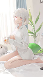Rule 34 | 1girl, :d, absurdres, bare legs, barefoot, bed sheet, bedroom, blanket, bob cut, breasts, cleavage, cup, curtains, day, fingernails, frilled pillow, frills, from side, highres, holding, holding cup, indoors, large breasts, long sleeves, looking at viewer, looking to the side, mug, nacchan (ohisashiburi), nail polish, naked shirt, ohisashiburi, on bed, open mouth, original, parted lips, pillow, pink eyes, pink nails, plant, shirt, short hair, sitting, sleeves past wrists, smile, solo, stuffed toy, stuffed turtle, wall, wariza, white hair