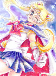 Rule 34 | 1990s (style), 1girl, bishoujo senshi sailor moon, blonde hair, blue background, blue eyes, blue sailor collar, blue skirt, bow, brooch, cape, choker, colored pencil (medium), double bun, earrings, gloves, hair ornament, hairpin, highres, jewelry, long hair, magical girl, mask, moon stick, one eye closed, painting (medium), pleated skirt, red bow, retro artstyle, ribbon, sailor collar, sailor moon, skirt, smile, solo, tiara, tomo (rocket start!), traditional media, tsukino usagi, twintails, wand, watercolor (medium), white gloves, wink