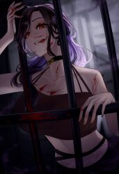 Rule 34 | 1girl, :q, bare shoulders, barred window, bars, black choker, black hair, blood, blood on clothes, blood on face, blood on hands, blood splatter, breasts, choker, cleavage, colored inner hair, crop top, gradient hair, hair over one eye, highres, in cell, iron bars, large breasts, licking lips, long hair, looking at viewer, midriff, multicolored hair, naughty face, navel, nekotokage, nijisanji, open mouth, orange eyes, prison, prison cell, prisoner, shirayuki tomoe, smile, solo, tongue, tongue out, virtual youtuber
