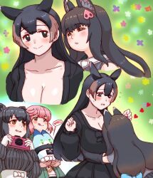 Rule 34 | 4girls, :p, animal ears, black dress, black hair, black sweater, blue bow, blush, bow, brown eyes, brown hair, camera, collar, collared peccary (kemono friends), dress, extra ears, glowing, glowing eyes, green jacket, hair bow, heart, height difference, hug, jacket, kemono friends, kusamogura, long hair, long sleeves, lucky beast (kemono friends), malayan tapir (kemono friends), mountain tapir (kemono friends), multiple girls, nana (kemono friends), open clothes, open jacket, pink hair, short hair, sidelocks, smile, stopwatch, sweater, tail, tapir ears, tapir girl, tapir tail, tongue, tongue out, watch, white collar