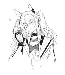 Rule 34 | 1girl, ?, angelina (arknights), animal ears, arknights, blush, breasts, fox ears, gloves, greyscale, hair between eyes, hairband, highres, infection monitor (arknights), jacket, long hair, long sleeves, looking at viewer, lunifish, monochrome, open clothes, open jacket, open mouth, pov, pov hands, simple background, solo, solo focus, twintails, upper body, white background