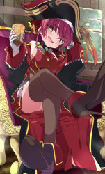 Rule 34 | 1girl, ascot, black hat, black jacket, breasts, brown footwear, brown thighhighs, crossed legs, cup, hair ribbon, hat, heterochromia, holding, holding cup, hololive, houshou marine, ixy, jacket, long sleeves, looking at viewer, map, medium breasts, open mouth, pirate hat, red ascot, red eyes, red hair, red ribbon, ribbon, shoes, sitting, solo, teeth, thighhighs, twintails, upper teeth only, virtual youtuber