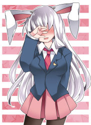 Rule 34 | 1girl, :d, animal ears, arm behind back, bad id, bad pixiv id, blazer, blush, breasts, collared shirt, commentary request, covering own eyes, crescent, dress shirt, facing viewer, female focus, hammer (sunset beach), jacket, lapel pin, large breasts, long hair, miniskirt, neckerchief, necktie, open mouth, pantyhose, pink skirt, rabbit ears, red necktie, reisen udongein inaba, shirt, silver hair, skirt, smile, solo, touhou