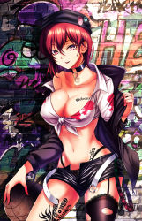 Rule 34 | 1girl, alternate costume, ball, basketball, basketball (object), belt, black jacket, black panties, black thighhighs, blouse, breast tattoo, breasts, chain, cleavage, collar, collarbone, cowboy shot, crop top, front-tie top, garter straps, graffiti, hair between eyes, hat, hecatia lapislazuli, highleg, highleg panties, jacket, koissa, lace, lace-trimmed legwear, lace trim, large breasts, long hair, long sleeves, micro shorts, mole, mole under eye, navel, off shoulder, open belt, open clothes, open fly, open jacket, panties, parted lips, red eyes, red hair, revealing clothes, shirt, short shorts, shorts, single garter strap, single thighhigh, smile, solo, stomach, tattoo, thighhighs, thong, tied shirt, torn clothes, torn thighhighs, touhou, unbuckled, unbuttoned, underwear, unzipped, white shirt