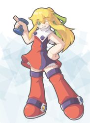 Rule 34 | 1girl, adapted costume, bad id, bad pixiv id, bare shoulders, blonde hair, blush, boots, capcom, colored eyelashes, doll joints, dress, energy tank, green eyes, grin, hair ribbon, highres, joints, long hair, one eye closed, ponytail, red skirt, ribbon, mega man (series), mega man (classic), roll (mega man), skirt, sleeveless, smile, solo, usk (19890904), wink